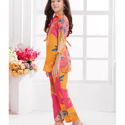 Ministitch Cotton Blend Woven Three Fourth Sleeves Floral Printed Kurti & Pant Set - Orange image 4