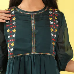 ISHTI Woven Three Fourth Sleeves Floral Embroidered Top - Dark Green image 4