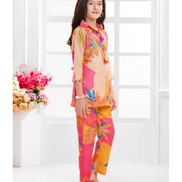 Ministitch Cotton Blend Woven Three Fourth Sleeves Floral Printed Kurti & Pant Set - Orange image 5