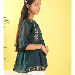 ISHTI Woven Three Fourth Sleeves Floral Embroidered Top - Dark Green image 5