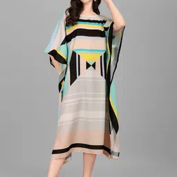 Exotic India Women Multicolor Stripe Print Rayon Boat Neck Midi Kaftan-picture-19