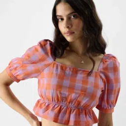 The Souled Store Orange & Purple Cotton Chequered Crop Top-image-99