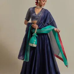 Vinusto Embroidered Blue Chanderi Skirt with Color Block Dupatta in Blue & Aqua And Blouse-picture-23