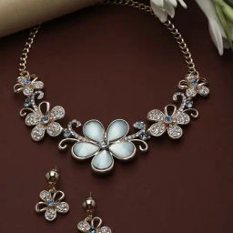 Zeneme Rose Gold Plated American Diamonds Studded Floweret Jewellery Set-picture-34