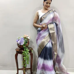 V3 FASHION STUDIO Tie and Dye Zari Organza Handloom Leheriya Saree image 5