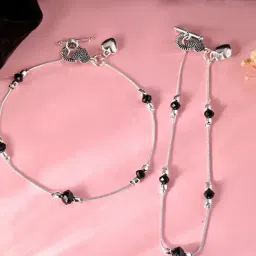 VOJ Silver Plated Black Anklets for Women Set of 2-image-31
