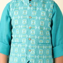 Fabindia Kids Blue & White Printed Full Sleeves Kurta, Jacket with Pyjamas image 4