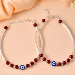 VOJ Silver Plated Red & Blue Artificial Beads Anklets for Women Set of 2-picture-42