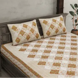 JaipurFabric Yellow Pure Cotton 240 TC Patch Work Print Double Bedsheet with 2 Pillow Covers image 4