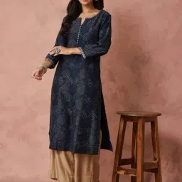 Fabindia Indigo Cotton Silk Regular Fit Printed Kurta-image-97