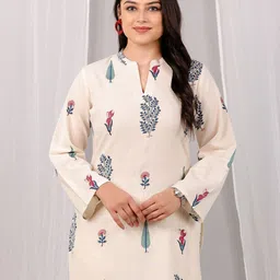 Aramya Women Floral Printed Mandarin Collar Linen Kurta-picture-37