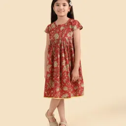 Fabindia Girls Red Printed Round Neck Short Sleeves A-Line Dress-image-46