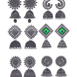 DIVASTRI Set Of 6 Silver-Plated Artificial Beaded Oxidised Dome Shaped Jhumkas-image-38