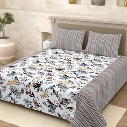 Homez Sparrow Multicoloured & Grey Ethnic Motifs 210 TC Queen Bedsheet with 2 Pillow Covers image 1