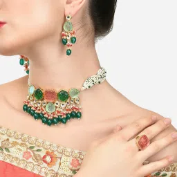Zaveri Pearls Set Of 3 Multi-Color Kundan Choker Necklace Earring and Ring Set-ZPFK15095 image 2