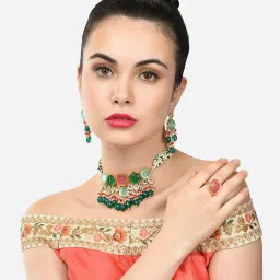 Zaveri Pearls Set Of 3 Multi-Color Kundan Choker Necklace Earring and Ring Set-ZPFK15095 image 4