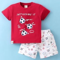 Cucumber Sinker Knit Half Sleeves T-Shirt & Shorts Set Soccer Ball Print - Red & White-picture-4