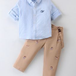 ToffyHouse Cotton Woven Full Sleeves Striped Shirt Trouser Set with Suspender Puppy Embroidery - Blue-picture-1