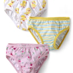 Babyhug 100% Cotton Knit Striped Panties with Floral & Duck Print Pack of 3 - Pink & White-image-1