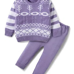 Babyhug Knitted Full Sleeves Sweater Set With Tree Print - Lavender-picture-21