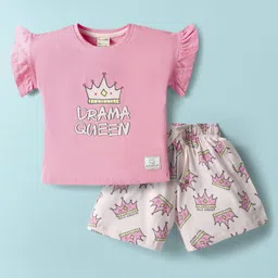 CUCUMBER Sinker Knit Shorts Night Suit With Crown Print - Pink-picture-23