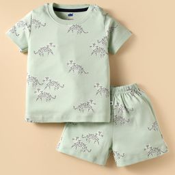 Simply Sinker Knit Half Sleeves Shorts Night Suit With Animal Print - Light Green-picture-47