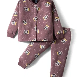 Teddy Fleece Knit Full Sleeves Winter Wear Co-ords Night Suit With Animal Print - Mauve-image-14