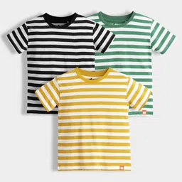 Orange Sugar 100% Cotton Knit Pack Of 3 Half Sleeves Black & Green Striped Tees - Multi Colour-picture-18
