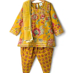 Teentaare Cotton Woven Three Fourth Sleeves Floral Printed & Foil Tape Detailing Kurta Salwar & Dupatta Set - Mustard Yellow-picture-10