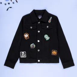Kiddopanti Denim Woven Full Sleeves Halloween Themed Patch Detailed Jacket - Black-picture-19