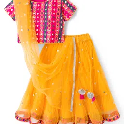 Babyhug Net Woven Half Sleeves Choli Lehenga & Dupatta Set With Sequin Detailing - Yellow image 1