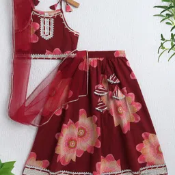 The Magic Wand Cotton Woven Sleeveless Floral Printed & Gota Lace Embellished Lehenga Choli With Dupatta Set - Maroon-image-75