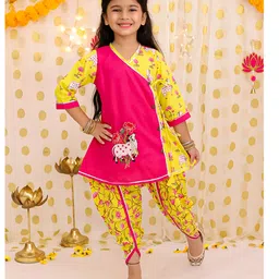 BownBee Cotton Woven Three Fourth Sleeves Cow Printed Kurti Dhoti Set - Pink-picture-26