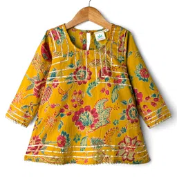 Teentaare Cotton Woven Three Fourth Sleeves Floral Printed & Foil Tape Detailing Kurta Salwar & Dupatta Set - Mustard Yellow image 2