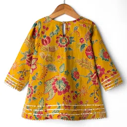 Teentaare Cotton Woven Three Fourth Sleeves Floral Printed & Foil Tape Detailing Kurta Salwar & Dupatta Set - Mustard Yellow image 3