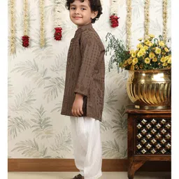 Polka Tots Cotton Woven Full Sleeves Ikat Printed Pathani Kurta Pyjama Set - Brown image 5