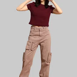 Moda Rapido Women Burgundy Cotton Tshirts image 2