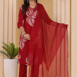 Sindh Fashion Floral Printed V-Neck Kurta With Trousers & Dupatta-picture-42