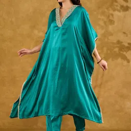 VASVI Satin Mirror Work V-Neck Kaftan Kurta With Trousers image 4