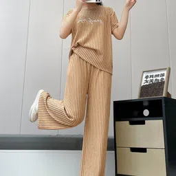 Lugo Striped Self Design Round Neck T-Shirt With Palazzo image 3