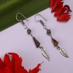 Shrim jewels Brass-Plated Oxidised Tigers Eye Beaded Floral Shaped Drop Earrings-image-52