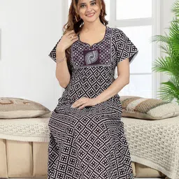 NIGHTY KING Women Geometric Printed Pure Cotton Maxi Nightdress-image-40