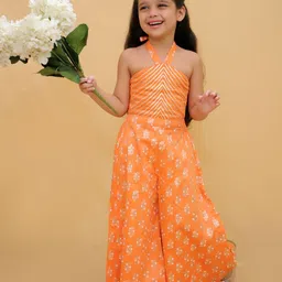 LIL DRAMA Girls Halter Neck Printed Basic Jumpsuit with Embroidered-picture-0