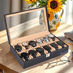 Kuber Industries Black Premium Faux Leather 12 Slots Wrist Watch Organizer Box-picture-29