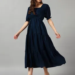 Raiyani Fashion Women Square Neck Puff Sleeve Crepe Fit & Flare Midi Dress-image-2