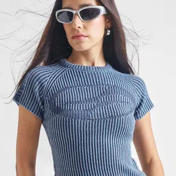 Tokyo Talkies Women Cable Knit Round Neck Ribbed Pullover-image-94