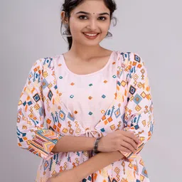 Jaipurite Women Ikat Print Embroidered Tie-Ups A-Line Maxi Dress-image-3