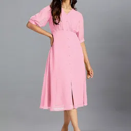 Janasya Polyester Puff Sleeve A-Line Midi Dress image 1