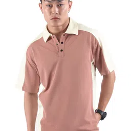 Beyoung Men Mauve Textured Color Block Polo T-Shirt-image-11