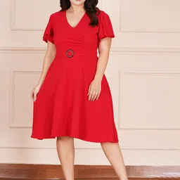 AMEEZA Women Plus Size Solid Flutter Sleeve Fit & Flare Dress-picture-12